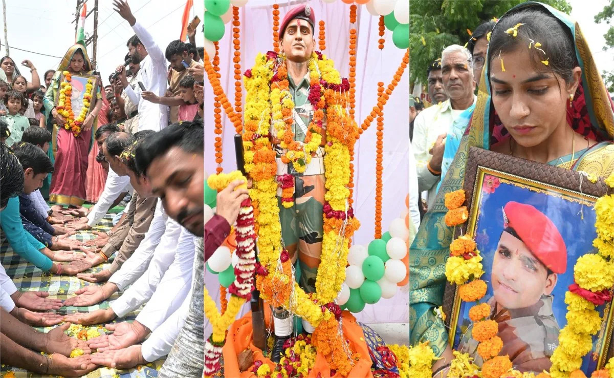 शहीद की पत्नी के कदमों में ग्रामीणों ने बिछाई हथेलियां, नजारा देख हर कोई था हैरान, शहीद की पत्नी ने उसपर चलकर किया शहीद स्मारक का अनावरण